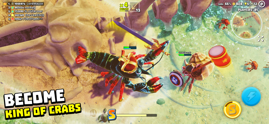 King of Crabsモバイルゲームにおける、ビーチでの競争的なマルチプレイヤークニバトル