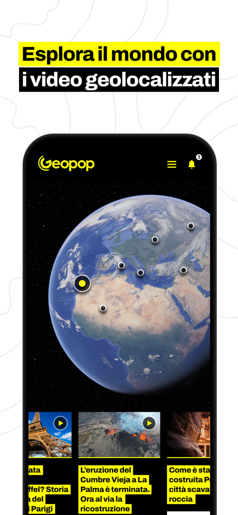 Geopop app interface featuring an interactive globe with geolocated science and history videos