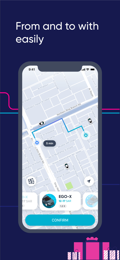 Ego ride hailing app interface showing a map with a route and car booking options