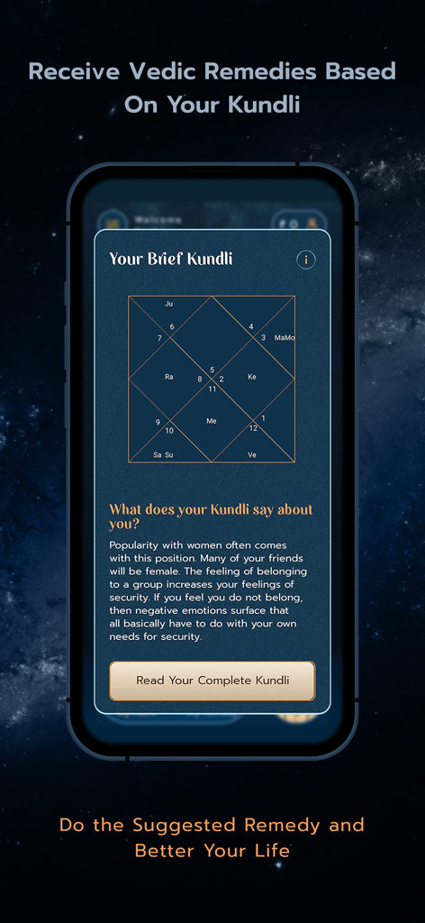 Astro Sadhana: Vedic Astrology - Astro Sadhana mobile app screen showing a brief Kundli birth chart and astrological analysis