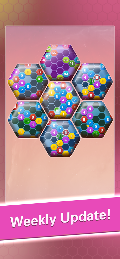 Captura de pantalla del juego de 2048 Hexa Puzzle que muestra varias cuadrículas hexagonales y el banner de Actualización Semanal.