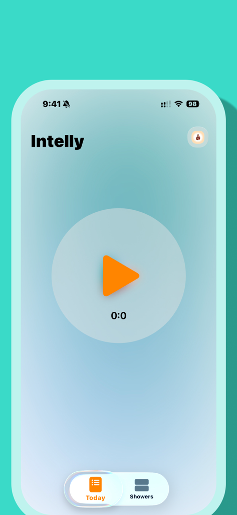 Intelly - Smart Shower Tracker - Interface de l'application Intelly montrant le minuteur de douche principal et le bouton de lecture
