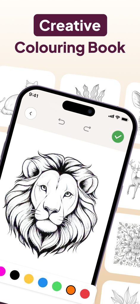 AR Drawing App: Sketch & Paint - iPhone screen showing a lion head outline for coloring in the AR Drawing App with a color palette at the bottom