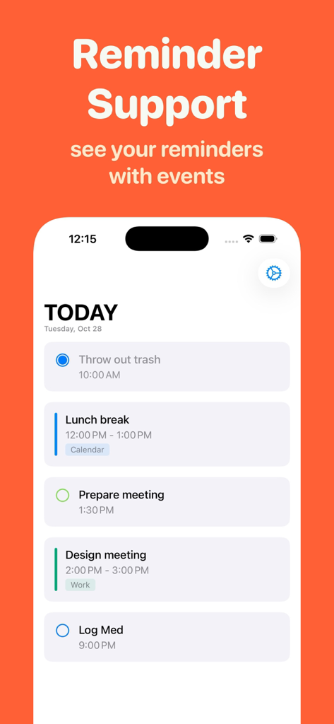 I Need That Widget - A mobile interface displaying a list of daily reminders and calendar events under the heading Today.