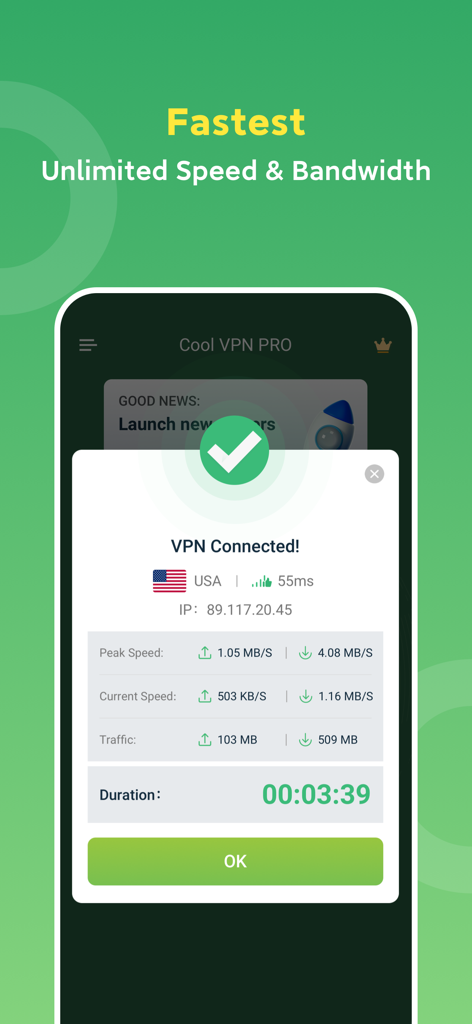 Cool VPN Pro-Secure Proxy VPN - Cool VPN Pro app interface showing a successful connection with speed and bandwidth statistics.