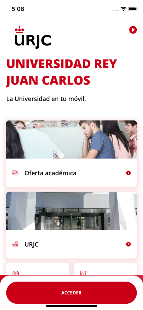 Home screen of the Universidad Rey Juan Carlos mobile app showing academic offers and a login button