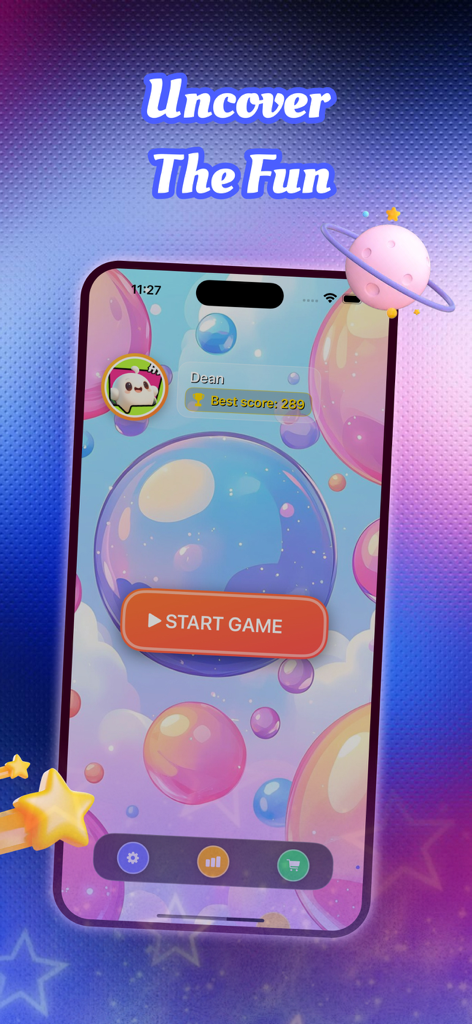 Dazel mobile game main menu featuring a start game button and vibrant bubble visuals
