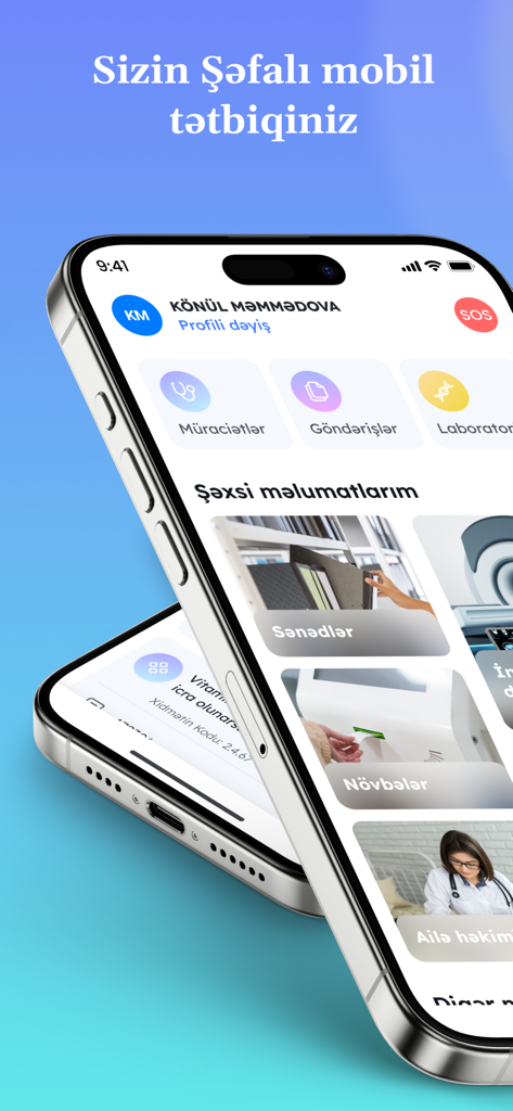 e-Tabib - Interfaz de la aplicación móvil e-Tabib que muestra opciones de servicios de salud como referencias médicas, resultados de laboratorio y registros de médicos de familia en un iPhone.