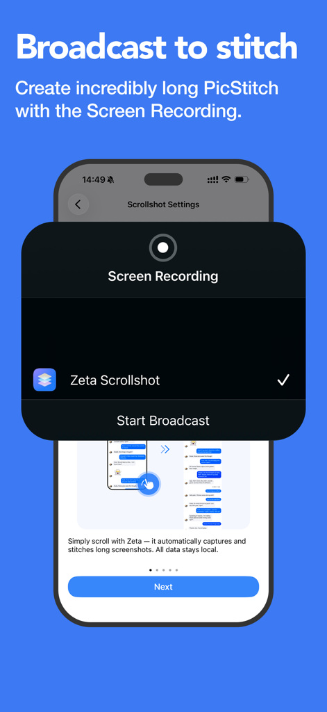 Interface showing Zeta Stitch app screen recording feature for automatic long screenshot stitching