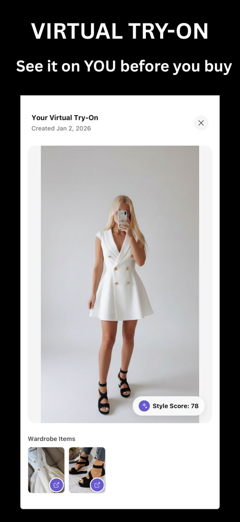 FashionVue - A screenshot of the FashionVue app showing a virtual try on of a white blazer dress with a style score of 78.