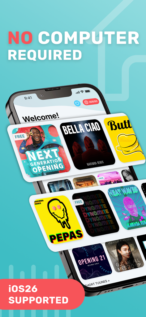 다양한 트렌드 벨소리와 iPhone 커스텀을 위한 컴퓨터 불필요 메시지를 보여주는 Tuunes 앱 인터페이스