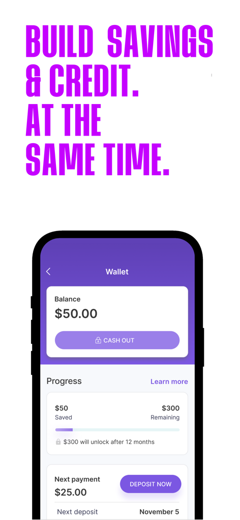 Ava: Build Credit History Fast - Pantalla de smartphone de la aplicación Ava que muestra el progreso del ahorro e interfaz de la billetera de construcción de crédito