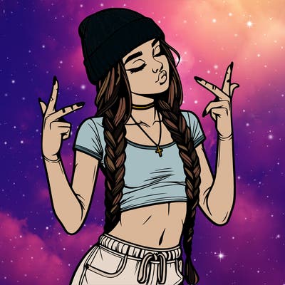 realistic teenage girl with braids and a beanie and crop top doing 🫶🏼