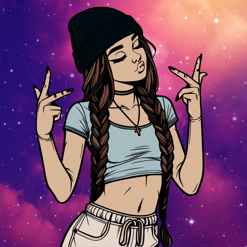 realistic teenage girl with braids and a beanie and crop top doing 🫶🏼