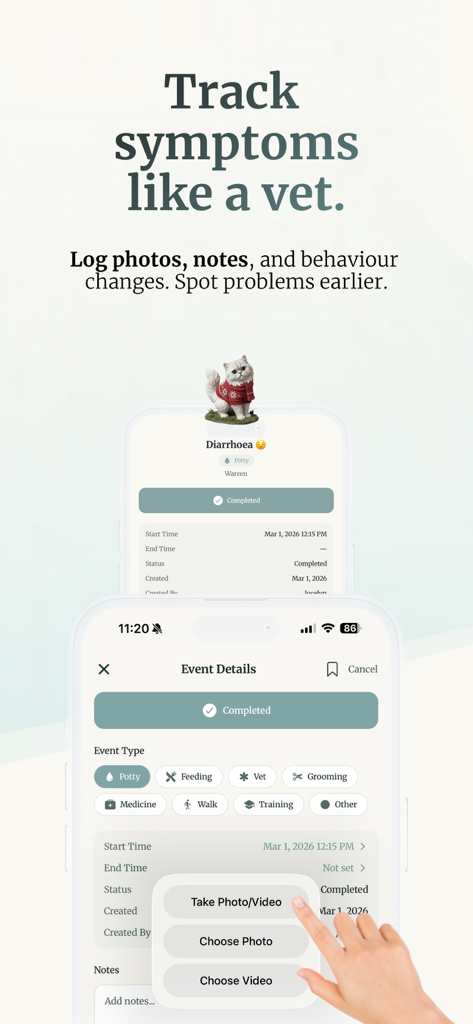 Hubert: Pet Health Tracker - Smartphone screen showing the symptom tracking interface of the Hubert pet health app with a 3D cat avatar.