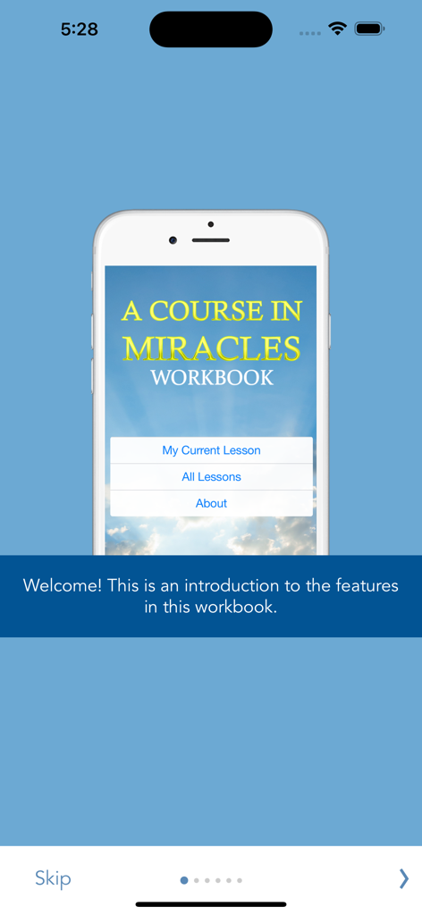 Welcome screen of the A Course in Miracles Narrated app showing the workbook menu on a smartphone.