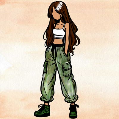 girl in baggy pants crop top and long hair