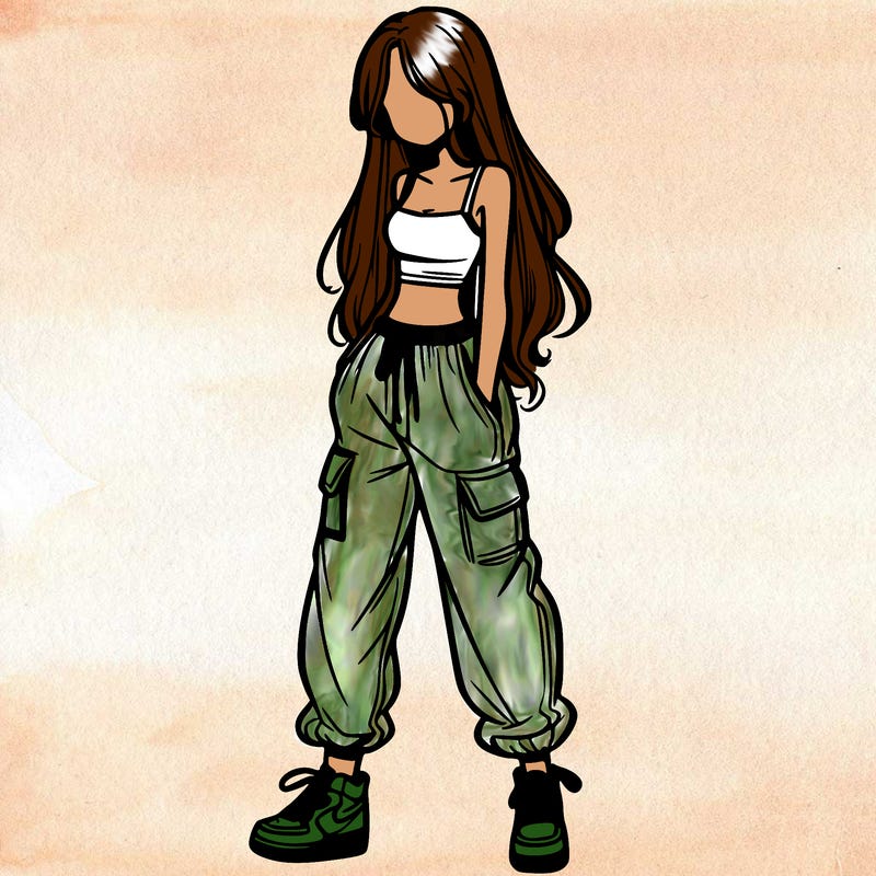 girl in baggy pants crop top and long hair