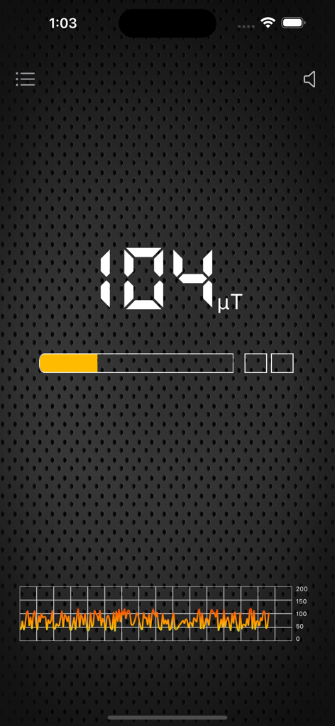 Metal Detector EMF app interface showing digital microtesla reading and magnetic field graph