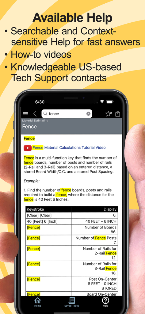 Tela de ajuda com guias pesquisáveis e tutoriais em vídeo para cálculos de construção