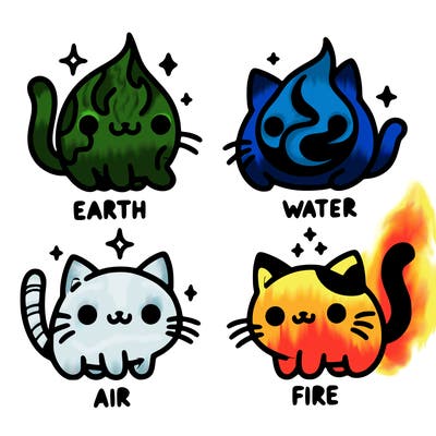 4 cats that represent the different elements, earth, water, air, and fire