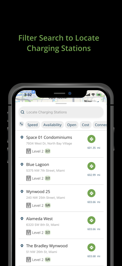 Blink Charging Mobile App - Interface de l'application Blink Charging montrant les résultats de recherche filtrés pour les bornes de recharge VE