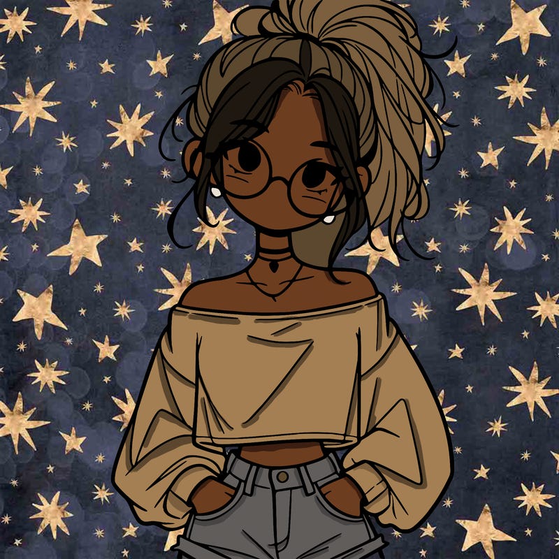 girl with a messy ponytail glasses a baggy crop top and jean shorts
