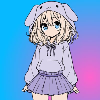 pretty anime girl wearing a fluffy hoodie with bunny ears on the hood and a skirt