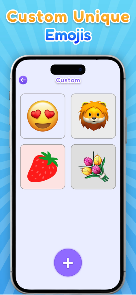 Emoji Merge & Mix Emoji Maker - Una interfaz de aplicación móvil que muestra una cuadrícula de emojis personalizados que incluyen una cara con ojos de corazón, una cabeza de león, una fresa y un ramo de flores.