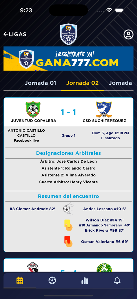 Primera División Guatemala - Resumen oficial del partido de la aplicación que muestra un empate 1-1 entre Juventud Copalera y CSD Suchitepequez en la liga de fútbol guatemalteca.