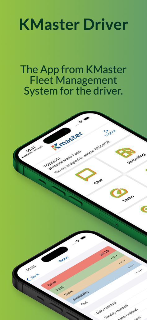 KMaster Driver - App KMaster Driver che mostra la dashboard e il tracciamento del cronotachigrafo su due telefoni cellulari