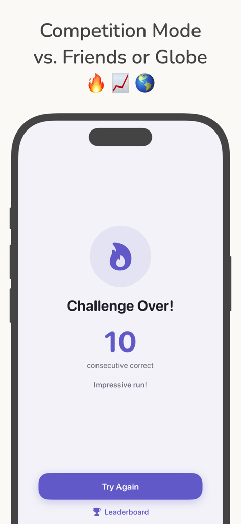 Color Blind Test App - 色覚異常テストアプリのチャレンジオーバー画面。10回の連続正解が表示され、リーダーボードオプションがあります