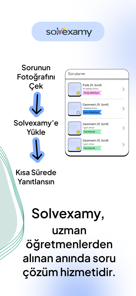 MyExamy - Interface do aplicativo SolveExamy mostrando uma lista de perguntas acadêmicas com atualizações de status como pendente ou respondida por especialistas