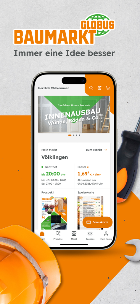 Globus Baumarkt - Interfaz de la aplicación móvil Globus Baumarkt que muestra información de la tienda junto con un casco de seguridad y herramientas de bricolaje