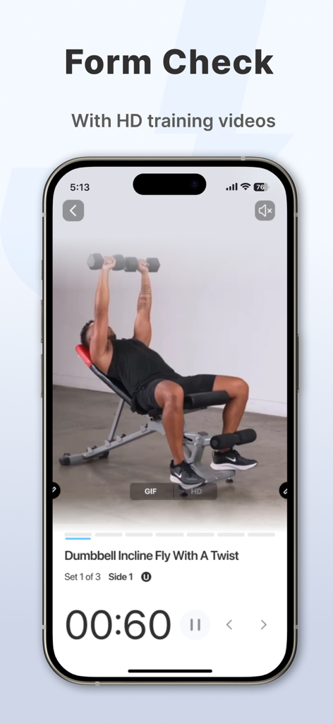 JEFIT Workout Plan Gym Tracker - JEFIT app screen showing an HD training video for a dumbbell incline fly exercise to help with form check