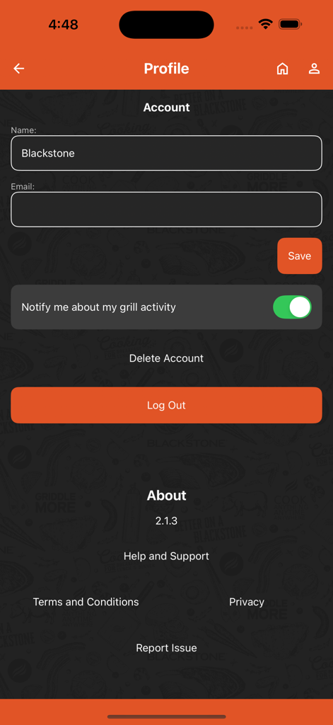 Blackstone Connect app profile and account settings screen showing notification toggles and user information