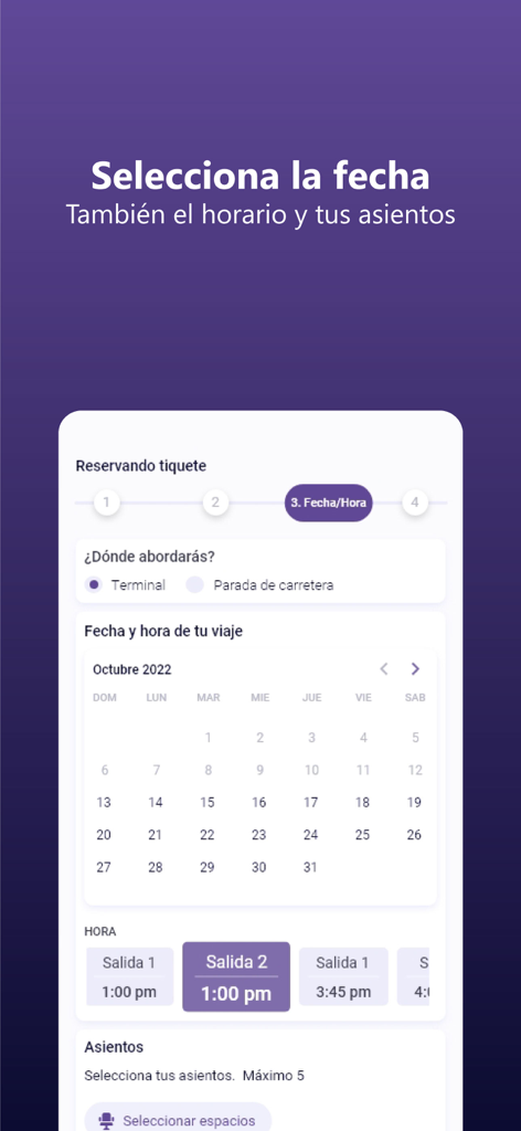Passer Technologies - Interfaz que muestra el calendario de fechas y las franjas horarias de salida para la reserva de tiquetes de autobús
