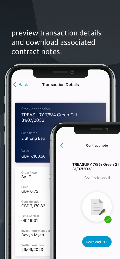 MyRathbones app interface showing transaction details and a contract note PDF download screen.