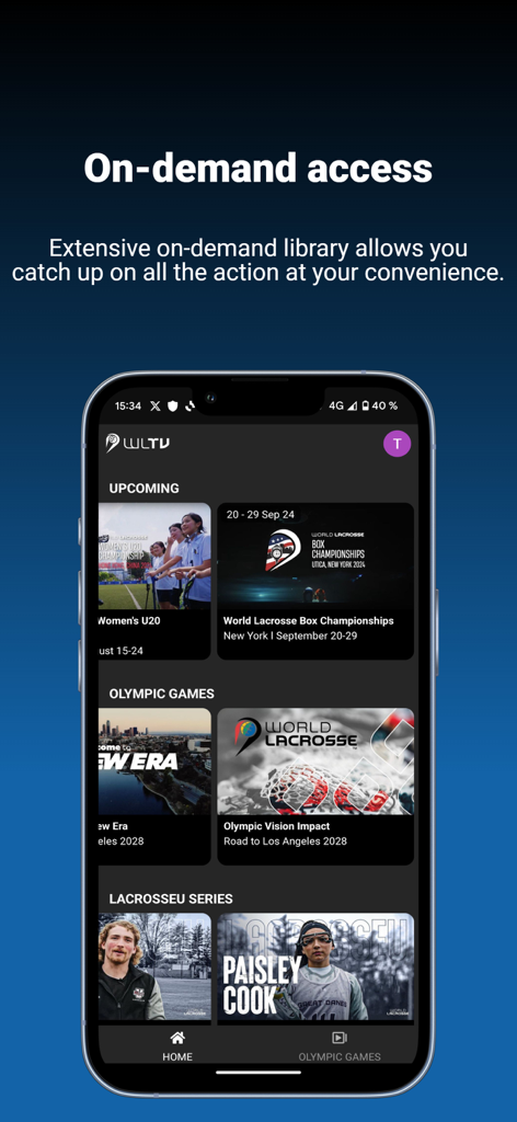 World Lacrosse TV - Smartphone mit der World Lacrosse TV App, die eine On-Demand-Videobibliothek mit Kategorien für bevorstehende Spiele und olympische Inhalte anzeigt.
