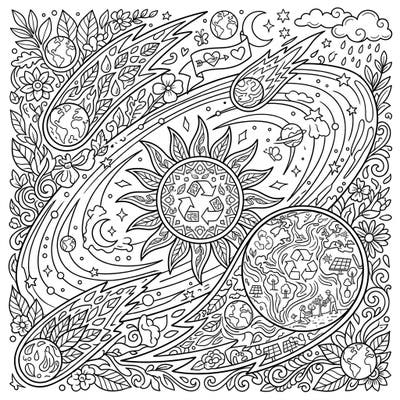 Embark on an epic coloring adventure with our Earth Day Comets design, blending celestial wonders with vital environmental themes. This intricate page features stunning comet patterns orbiting a sun, filled with symbols of nature and sustainability.