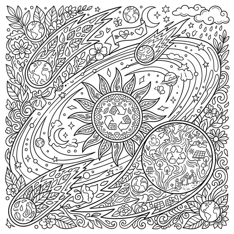 Embark on an epic coloring adventure with our Earth Day Comets design, blending celestial wonders with vital environmental themes. This intricate page features stunning comet patterns orbiting a sun, filled with symbols of nature and sustainability.
