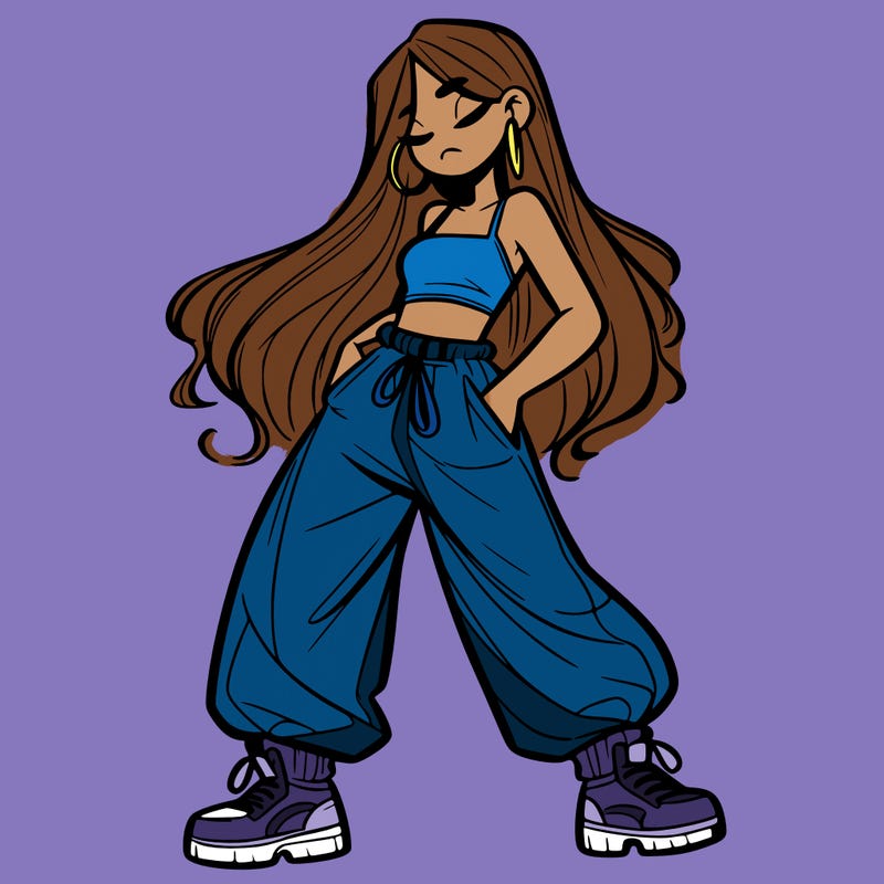 girl in baggy pants crop top and long hair