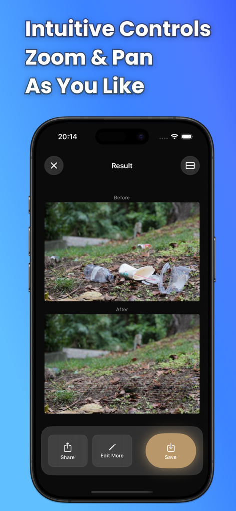 AI Eraser - Remove Objects - Before and after comparison of AI Eraser app removing litter from a photo