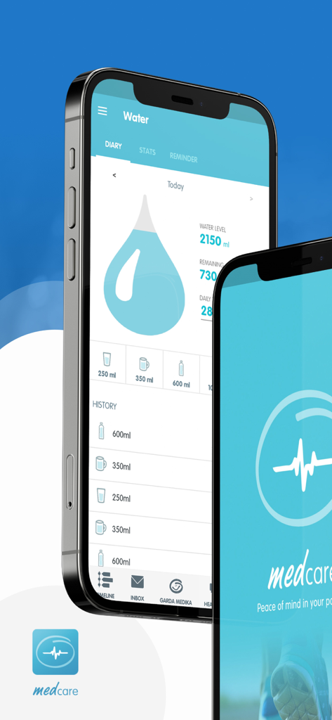 Garda Mobile - Medcare - Interface do rastreador de ingestão de água e diário de hidratação do aplicativo Garda Mobile Medcare