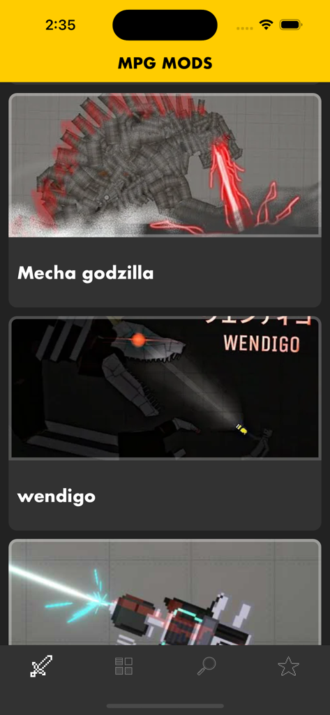 App screen displaying various mods for Melon Playground like Mecha Godzilla and Wendigo