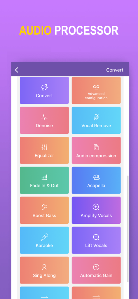 MP3 Converter app screen showing audio processing tools like vocal removal denoise and equalizer