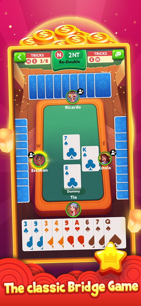 Gameplay screen of the classic Bridge Rubber Bridge card game showing four players at a virtual table