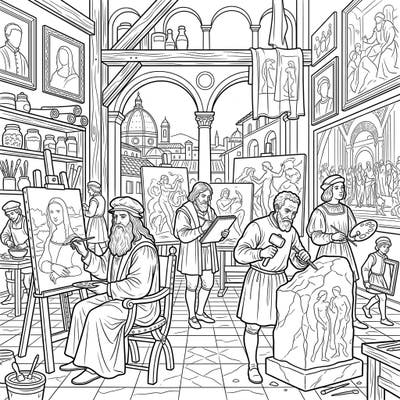 Immerse yourself in the golden age of art with this captivating coloring page featuring legendary Renaissance painters in their studio. Explore a vibrant scene filled with artistic endeavors and iconic historical figures, ready for your creative touch.