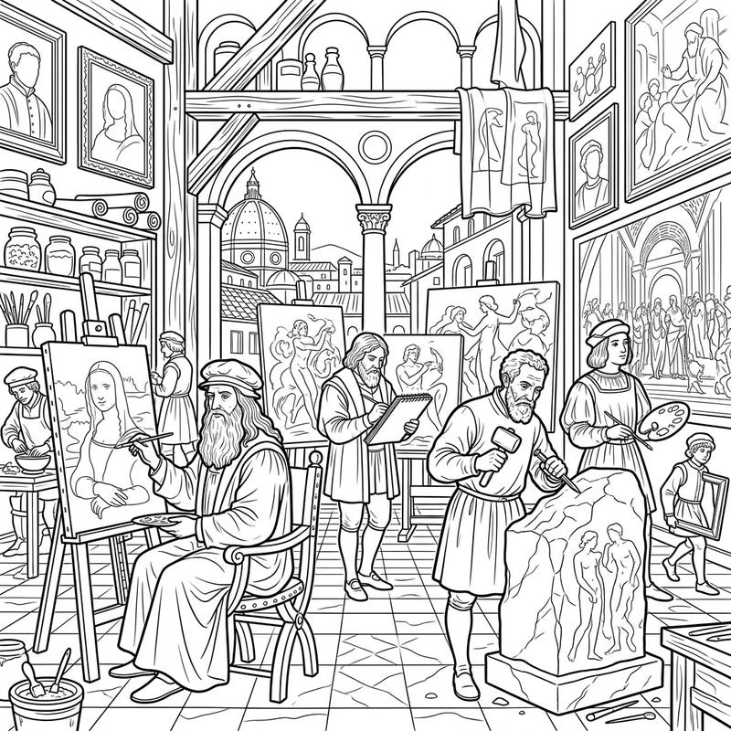 Immerse yourself in the golden age of art with this captivating coloring page featuring legendary Renaissance painters in their studio. Explore a vibrant scene filled with artistic endeavors and iconic historical figures, ready for your creative touch.