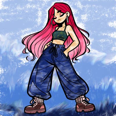 girl in baggy pants crop top and long hair
